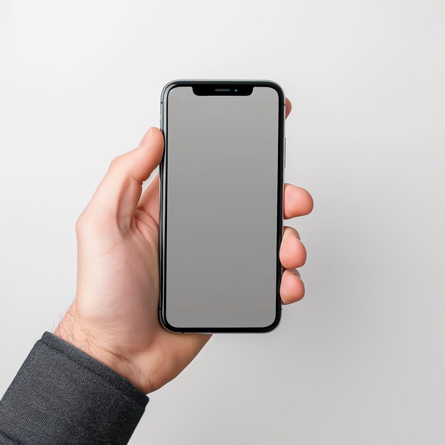 Someone holding a black iphone in their hand against a white background Hand Stock Photos