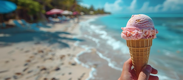 Photo someone holding a cone of ice cream on a beach near the ocean