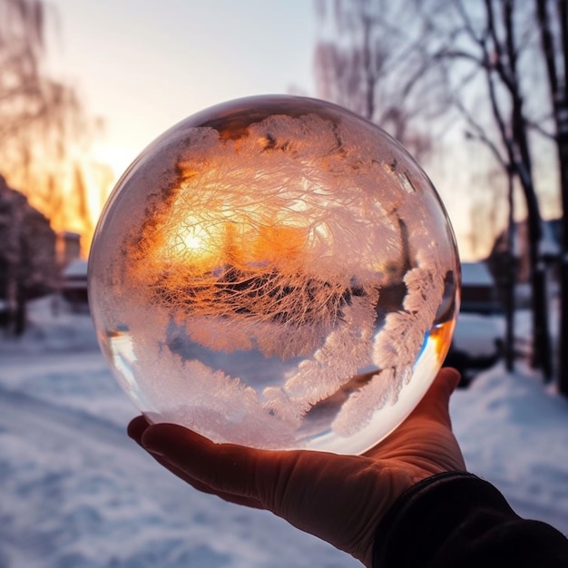 someone holding a crystal ball in their hand in the snow generative ai