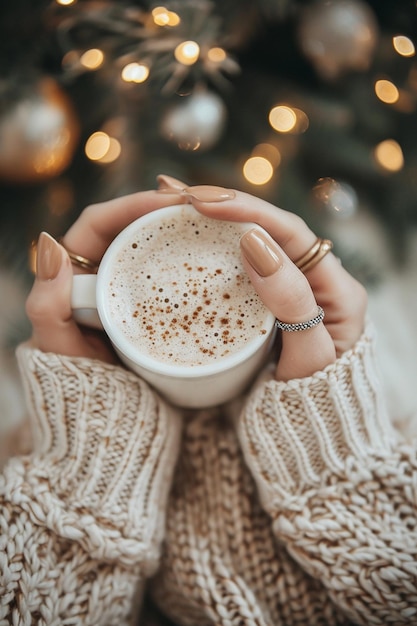 someone holding a cup of coffee in front of a christmas tree generative ai