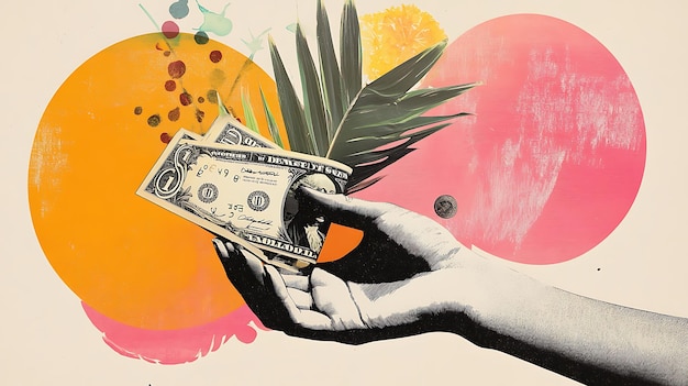 Photo someone holding a dollar in their hand with a pineapple and orange background