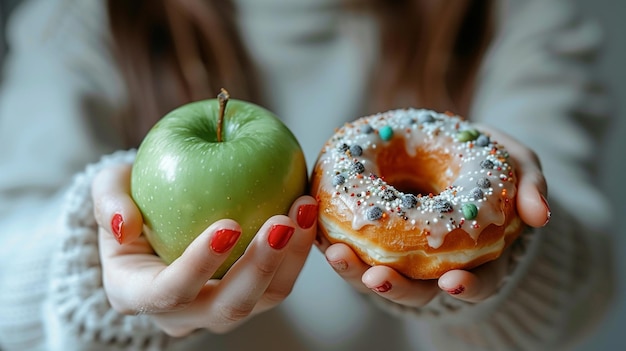 someone holding a green apple and a doughnut with sprinkles generative ai