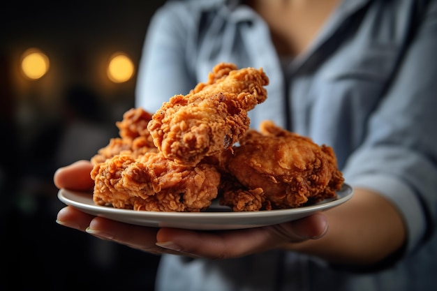 Someone holding a piece of fried chicken over a plate