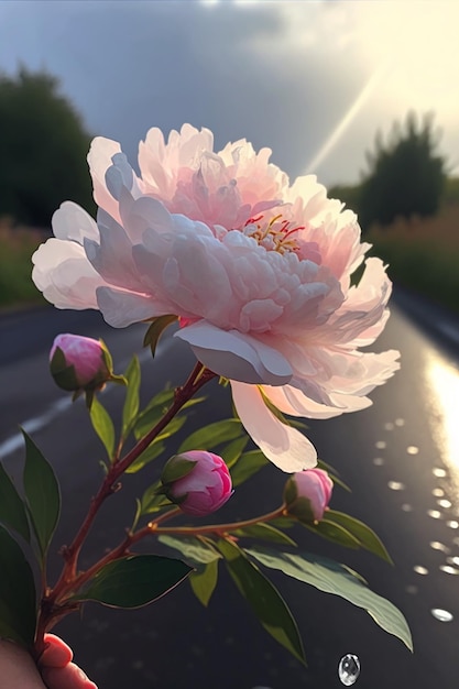 someone holding a pink flower in their hand on a road generative ai