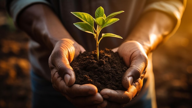 someone holding a small plant in their hands with dirt generative ai