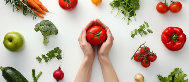 someone holding a tomato in their hands surrounded by vegetables generative ai