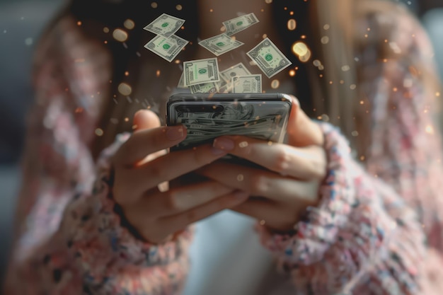 Someone holds a phone with a money counter sticking out of the screen and very happy people