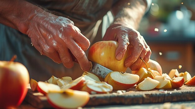 Photo someone is cutting up an apple with a knife on a cutting board