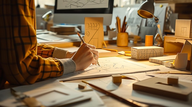 Someone is drawing on a piece of paper on a desk