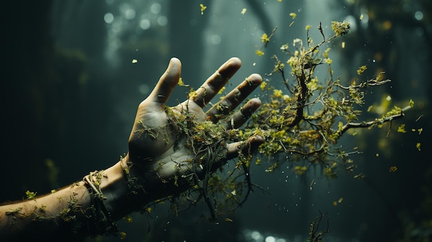 someone is holding a plant in their hand in a forest generative ai