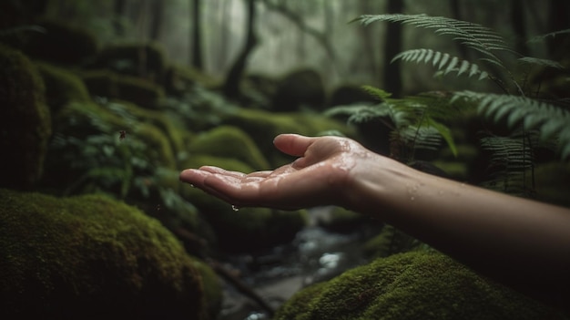 someone is holding their hand out in the forest generative ai