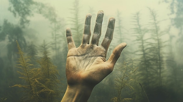 someone is holding their hand up in the air in a forest generative ai