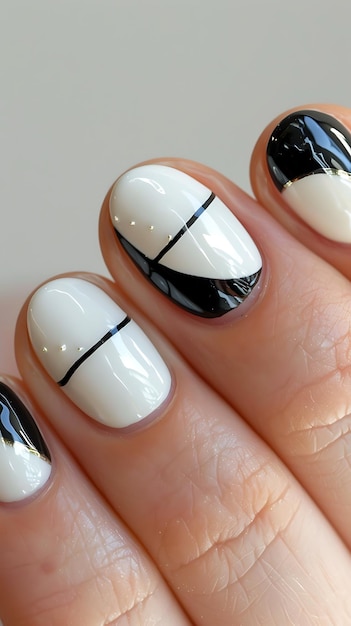 Photo someone is holding a white and black manicure with black stripes