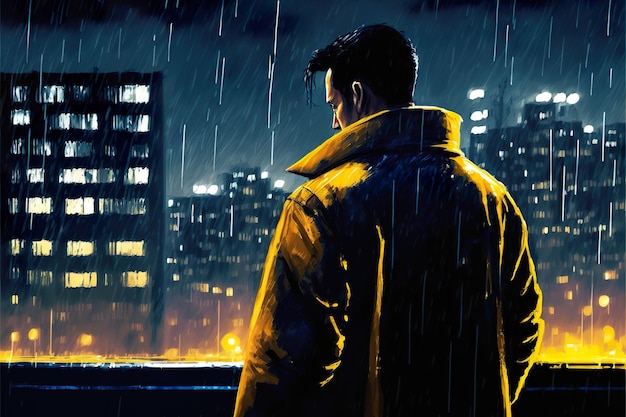 Someone is looking at a rainy night city Scifi digital art