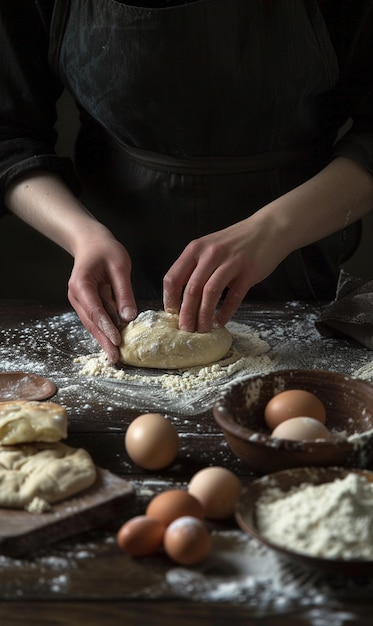 someone is making bread dough on the table with a lot of ingredients ai generated