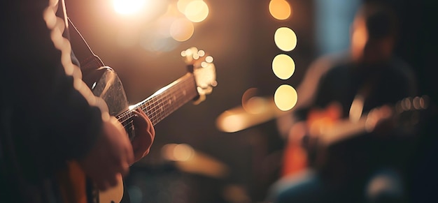 Photo someone is playing a guitar in a dark room with lights