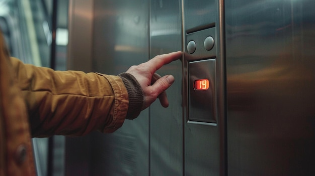 someone is pressing the button on a metal elevator door generative ai