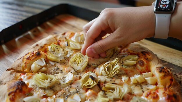 someone is putting pasta on a pizza that is being cut