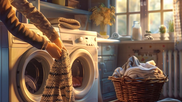 someone is putting a towel in a washing machine in a kitchen generative ai