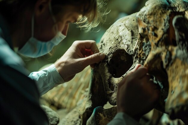 Photo someone is working on a skull in a museum with a surgical mask generative ai