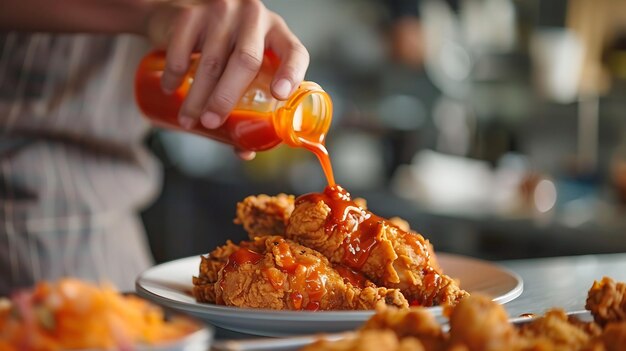 Photo someone pouring sauce on a plate of fried chicken