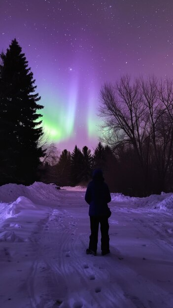 Someone sitting in the snow looking at the aurora bore