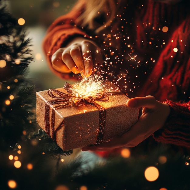 Photo someone unwrapping a beautifully wrapped gift with excitement in the air