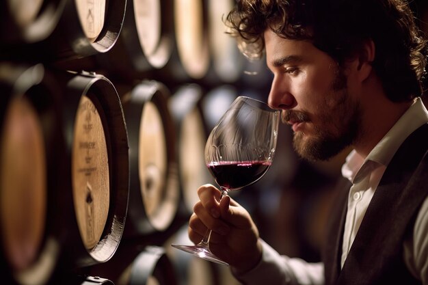 Photo sommelier evaluating red wine in a dimly cellar