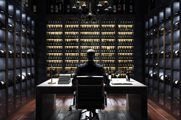 Photo sommelier working at his desk in a wine cellar