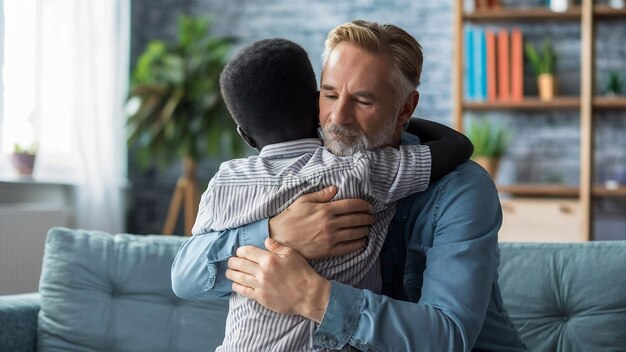 Son embracing his father at home