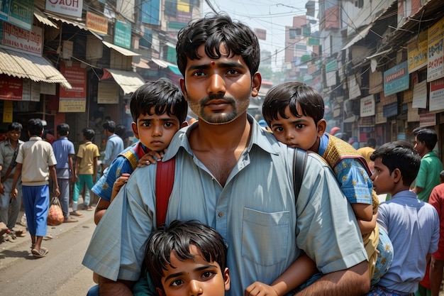 son sitting on father shoulder roaming in crowded streets of India