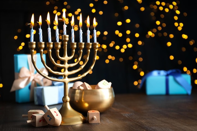 Soncept of Jewish holiday Hanukkah space for text