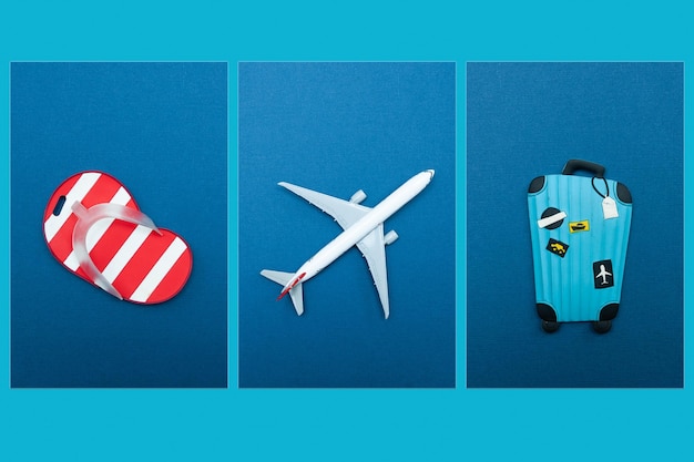 Soncept of tourism travel flat lay Airplane suitcase and beach slippers on a blue background