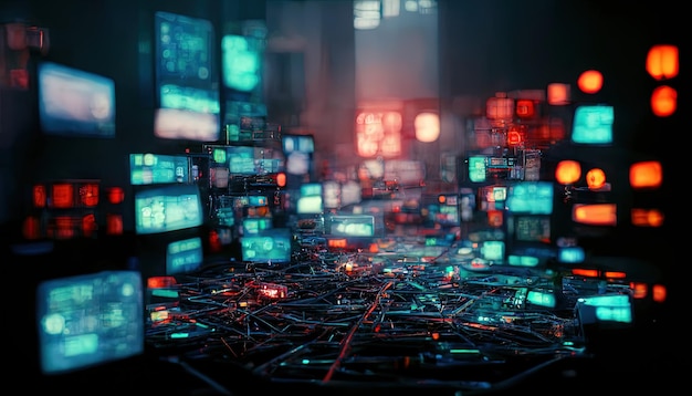 Soncept of virtual environment and cyberspace set of glowing screens and network equipment workplace of hacker or programmer blurred background in cyberpunk style 3D illustration Ai render