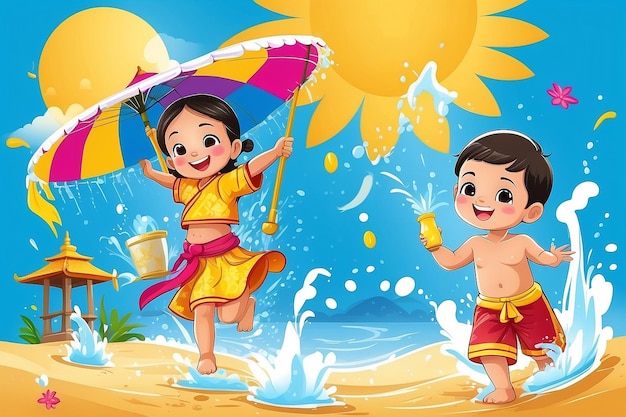 Songkran festival thailand Thai flowers with child playing water splashing sun smile