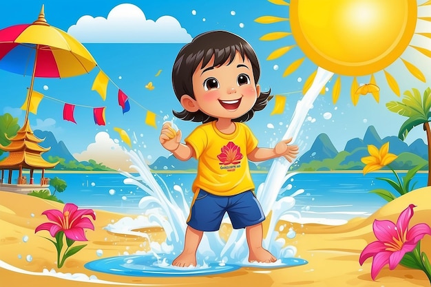 Songkran festival thailand Thai flowers with child playing water splashing sun smile