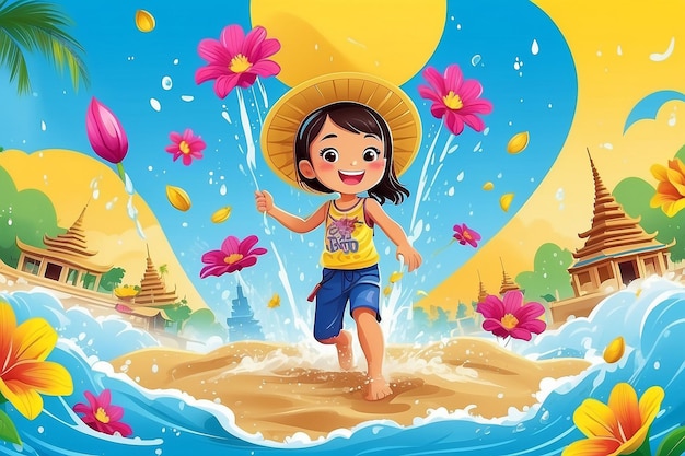 Songkran festival thailand Thai flowers with child playing water splashing sun smile