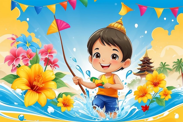 Songkran festival thailand Thai flowers with child playing water splashing sun smile