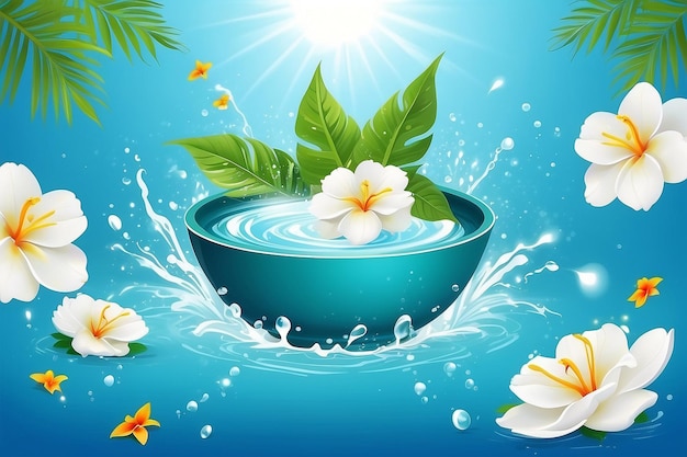 Songkran water festival thailand flowers in a water bowl water splashing tropical gree