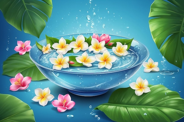 Songkran water festival thailand rose petals and jasmine flower in bowl on banana leaf wat