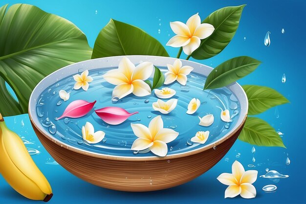 Songkran water festival thailand rose petals and jasmine flower in bowl on banana leaf wat