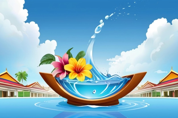 Songkran water festival travel thailand flowers in a water bowl water splashing