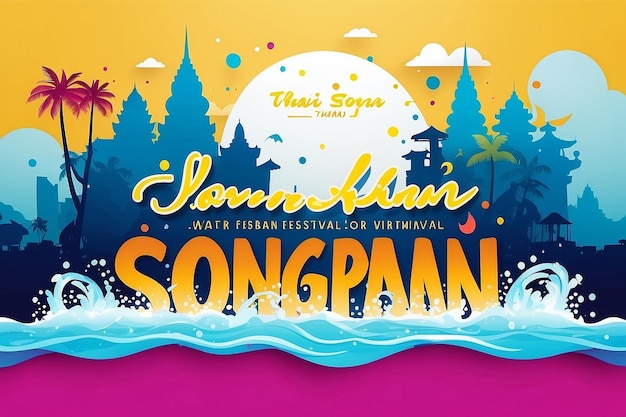 Songkran water festival vector illustrationpapercut effectedcopyspace and landmark