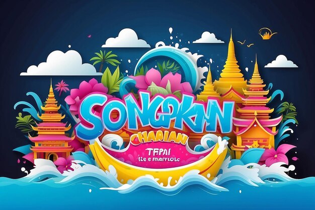 Songkran water festival vector illustrationpapercut effectedcopyspace and landmark