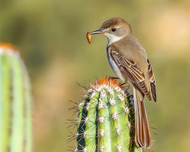 Photo sonoran desert wildlife flycatcher on saguaro cactus with insect in beak