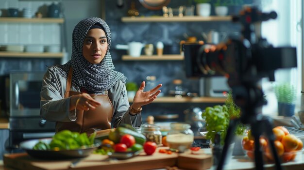 Photo sony a7iii view of a young saudi arabian woman filming a cookery video in a modern kitchen all of th