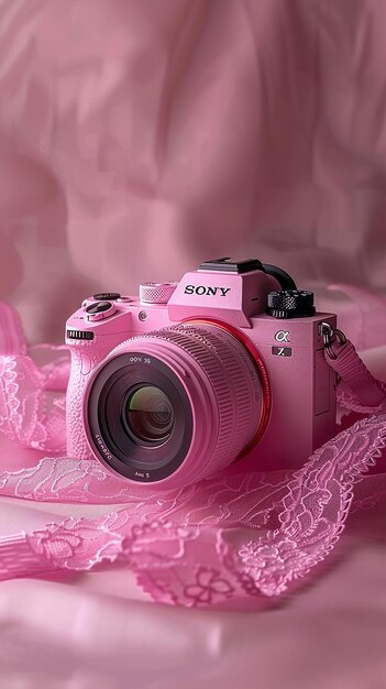 a sony camera with a pink strap that says sony on it