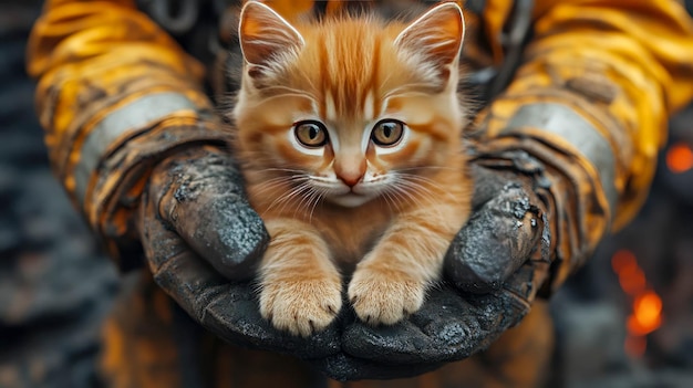 A sootcovered firefighter holds a small ginger kitten in protective gloves amidst the aftermath of a fire