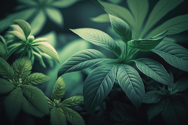 Soothing shades of green plants on green background AI generated