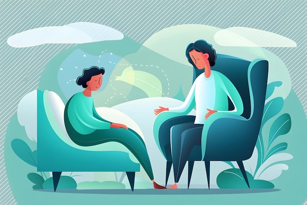 A soothing and thoughtprovoking mental health illustration featuring a compassionate therapist seat